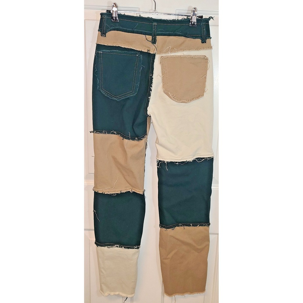 Woman's Patchwork Straight Leg Jeans, mid rise stretch Green Tan Beige Small